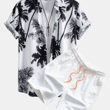 Palm Trees Print Button Up Shirt & Man Mid Length Drawstring Swim Shorts