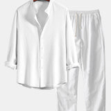 Long Sleeve Muscle Fit Ribbed Stand Collar Shirt & Straight Leg Linen Pants