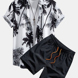 Palm Trees Print Button Up Shirt & Man Mid Length Drawstring Swim Shorts