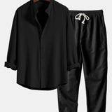 Long Sleeve Muscle Fit Ribbed Stand Collar Shirt & Straight Leg Linen Pants