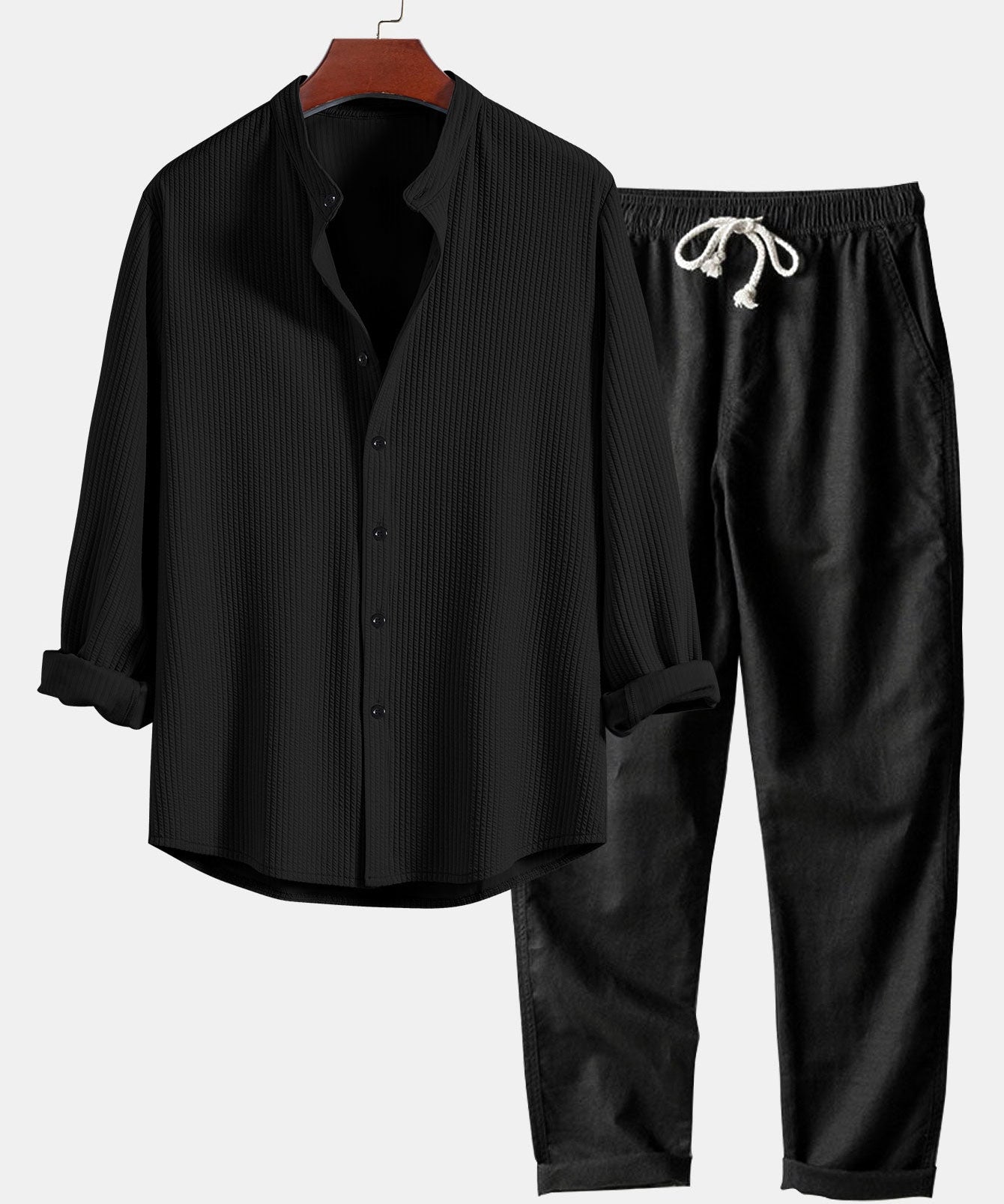 Long Sleeve Muscle Fit Ribbed Stand Collar Shirt & Straight Leg Linen Pants