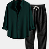 Long Sleeve Muscle Fit Ribbed Stand Collar Shirt & Straight Leg Linen Pants