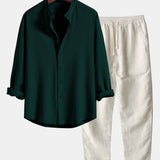 Long Sleeve Muscle Fit Ribbed Stand Collar Shirt & Straight Leg Linen Pants
