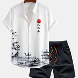 Ink Landscape Painting Stand Collar Shirt & Man Mid Length Drawstring Swim Shorts