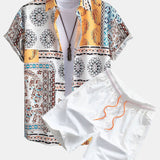 Scarf Print Button Up Shirt & Swim Shorts