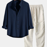 Long Sleeve Muscle Fit Ribbed Stand Collar Shirt & Straight Leg Linen Pants