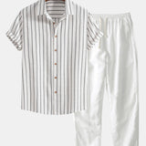 Cotton Blend Striped Button Up Shirt & Straight Leg Linen Pants