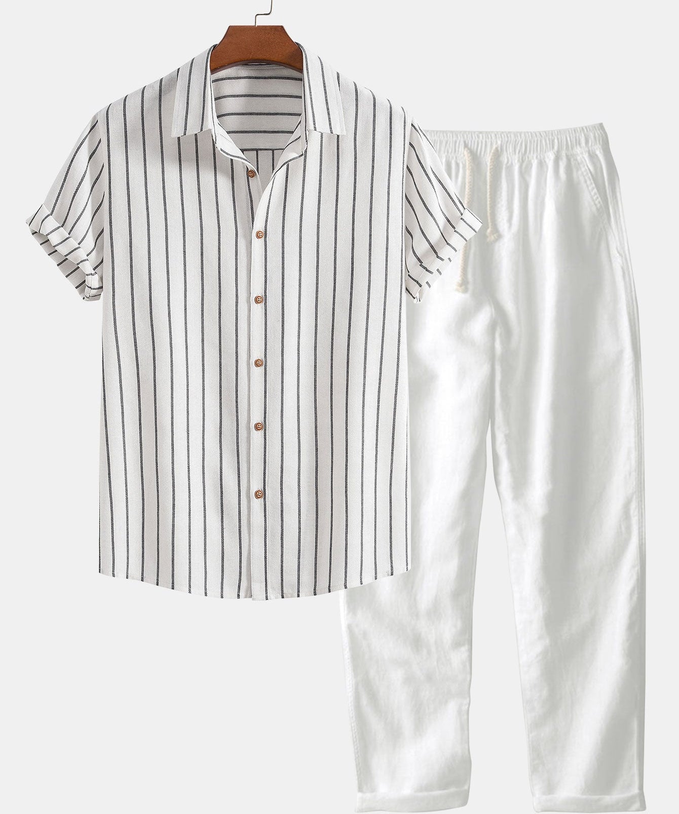 Cotton Blend Striped Button Up Shirt & Straight Leg Linen Pants