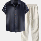 Cotton Blend Striped Button Up Shirt & Straight Leg Linen Pants