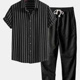 Cotton Blend Striped Button Up Shirt & Straight Leg Linen Pants