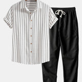 Cotton Blend Striped Button Up Shirt & Straight Leg Linen Pants