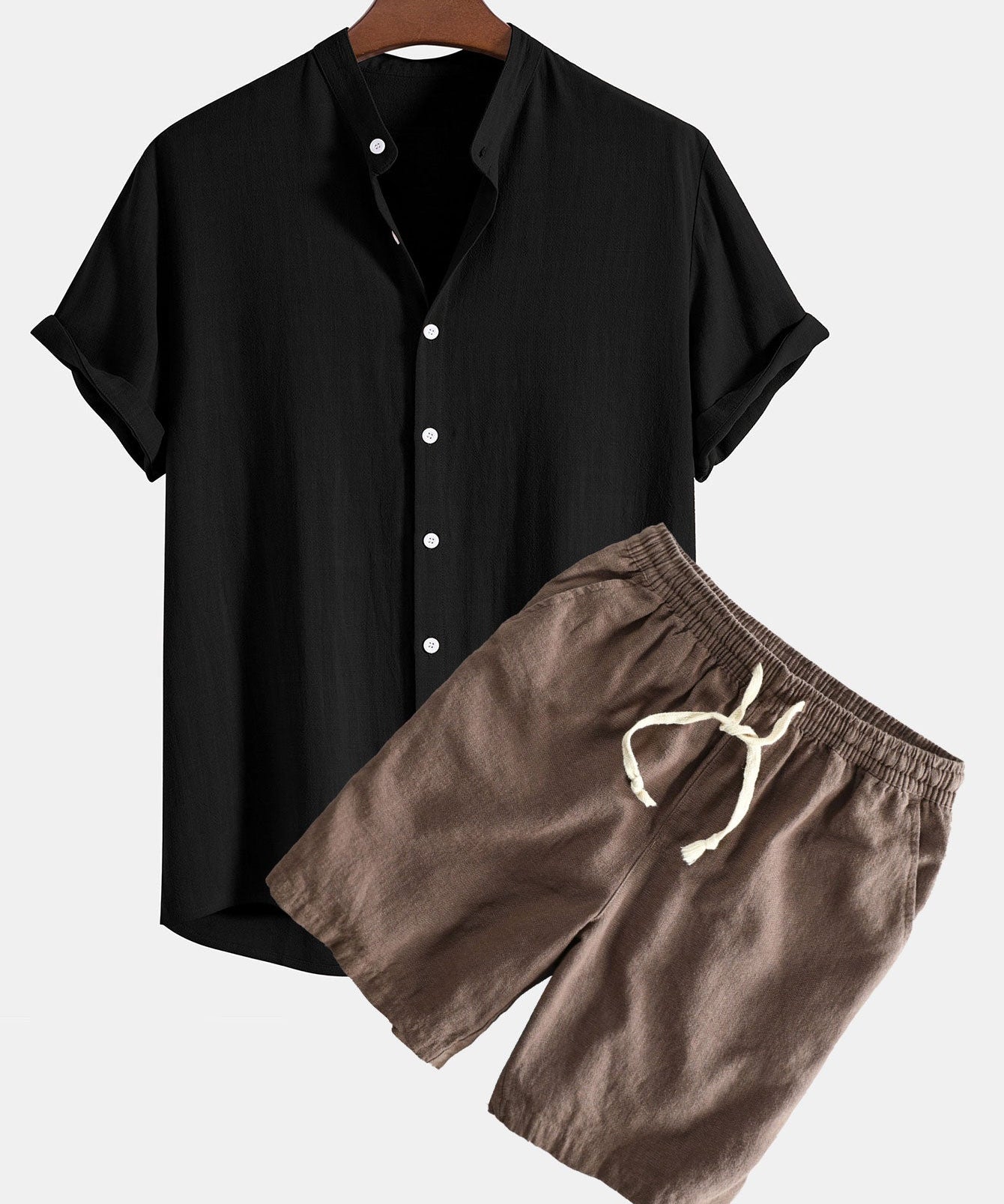 Linen And Rayon Blend Stand Collar Shirt & Linen Cotton Blend Drawstring Shorts