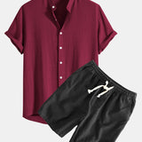 Linen And Rayon Blend Stand Collar Shirt & Linen Cotton Blend Drawstring Shorts