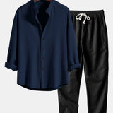 Long Sleeve Muscle Fit Ribbed Stand Collar Shirt & Straight Leg Linen Pants