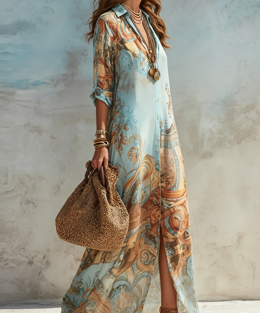 Baroque Style Floral Blue Maxi Dress
