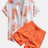 Leaf Print Button Up Shirt & Man Mid Length Drawstring Swim Shorts