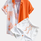 Leaf Print Patchwork Button Up Shirt & Man Mid Length Drawstring Swim Shorts