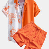 Leaf Print Patchwork Button Up Shirt & Man Mid Length Drawstring Swim Shorts