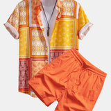 Paisley Border Button Up Shirt &  Man Mid Length Drawstring Swim Shorts
