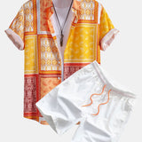 Paisley Border Button Up Shirt &  Man Mid Length Drawstring Swim Shorts