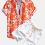 Palm Tree Tropical Flora Print Button Up Shirt &  Man Mid Length Drawstring Swim Shorts
