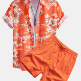 Palm Tree Tropical Flora Print Button Up Shirt &  Man Mid Length Drawstring Swim Shorts