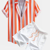 Stripe Print Button Up Shirt &  Man Mid Length Drawstring Swim Shorts