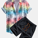 Palm Tree Seagull Print Button Up Shirt &  Man Mid Length Drawstring Swim Shorts