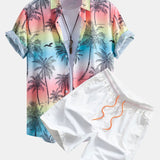 Palm Tree Seagull Print Button Up Shirt &  Man Mid Length Drawstring Swim Shorts