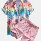 Palm Tree Seagull Print Button Up Shirt &  Man Mid Length Drawstring Swim Shorts