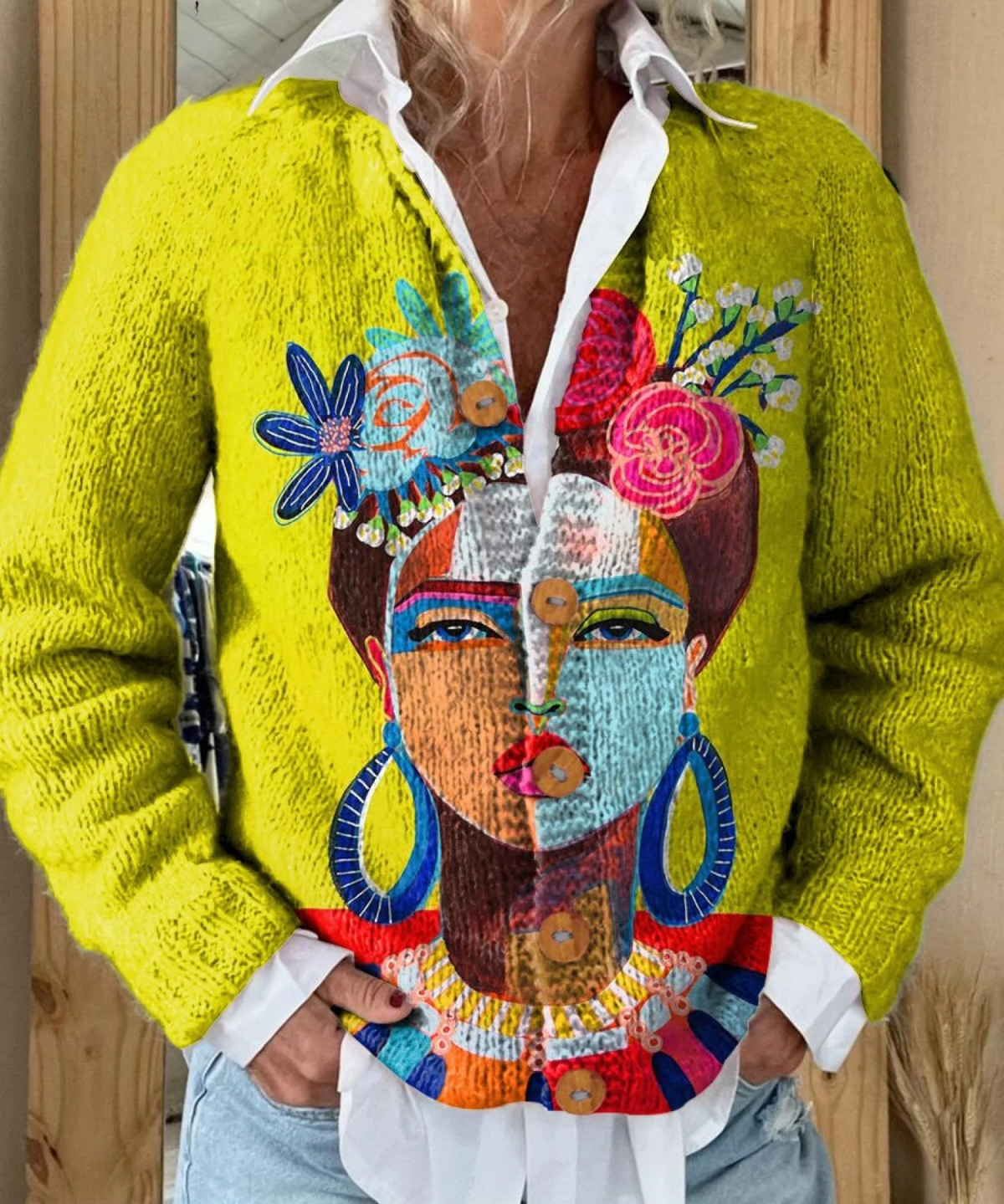 ONA | OIL PAINTING FREDA PORTRAIT ART PRINTED BUTTONED CARDIGAN