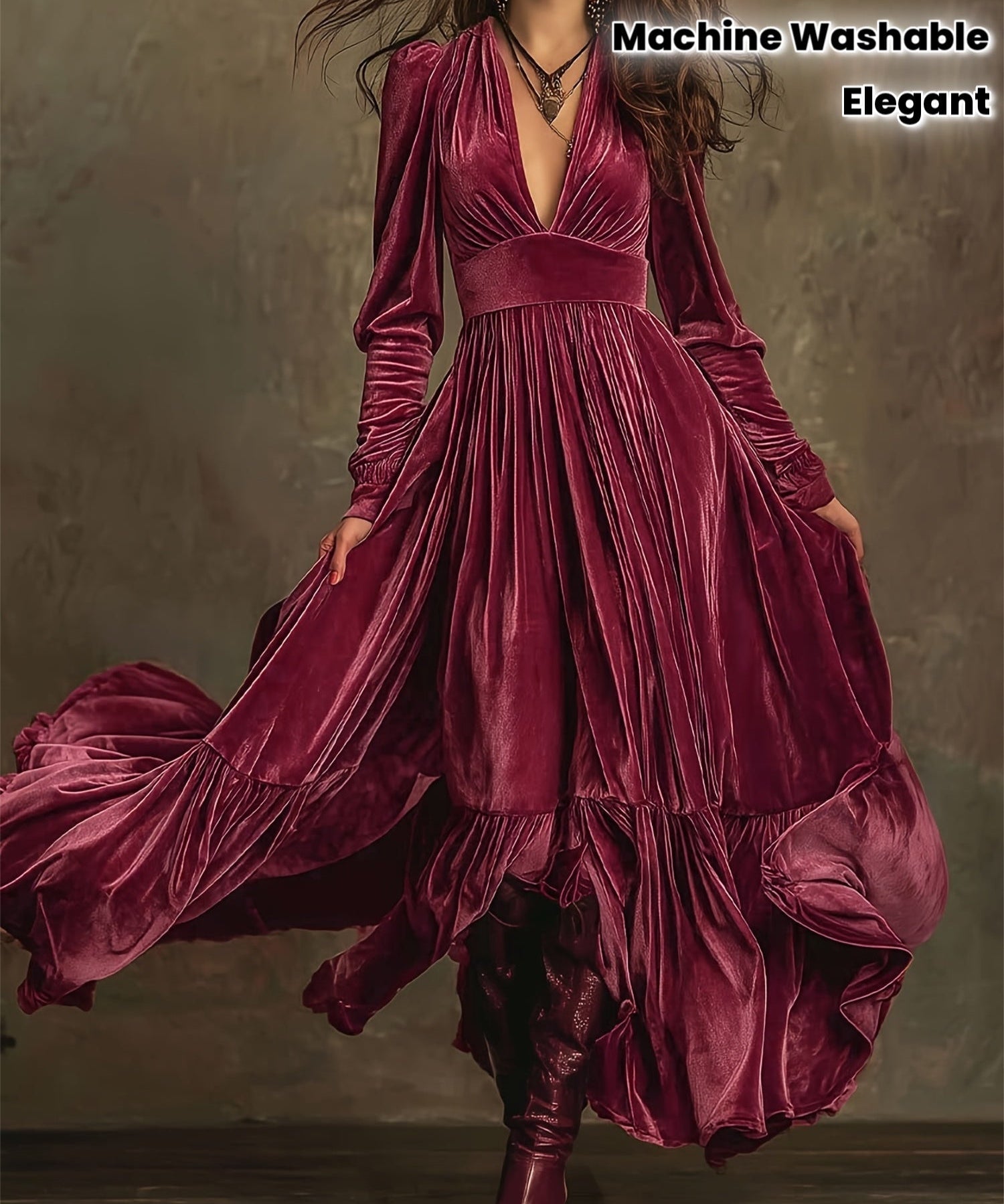 SERAFINA | RETRO OVERSIZED SKIRT LONG DRESS WITH DEEP V-NECK
