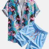 Tropical Plants And Orangutan Print Button Up Shirt & Swim Shorts