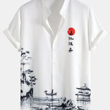 Ink Landscape Painting Stand Collar Shirt & Man Mid Length Drawstring Swim Shorts