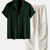 Short Sleeve Knitted Waffle Cuban Shirt & Straight Leg Linen Pants