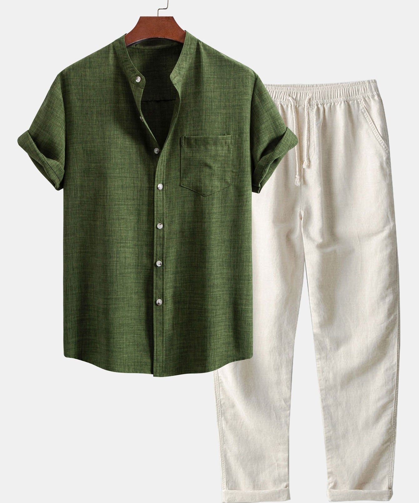 Short Sleeve Stand Collar Shirt & Straight Leg Linen Pants