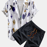 Brushstroke Print Button Up Shirt & Swim Shorts