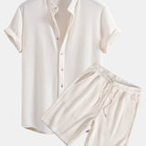 Waffle Stand Collar Shirt & Drawstring Waffle Shorts
