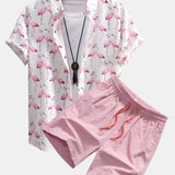 Flamingo Print Button Up Shirt & Swim Shorts