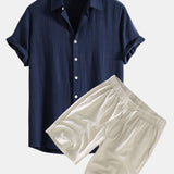 Linen Rayon Blend Button Up Shirt & Linen Drawstring Shorts