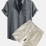 Short Sleeve Stand Collar Shirt & Linen Drawstring Shorts