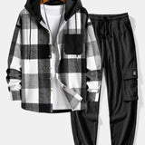 Relax Fit Flannel Plaid Corduroy Patchwork Hooded Shirt & Corduroy Cargo Jogger Pants