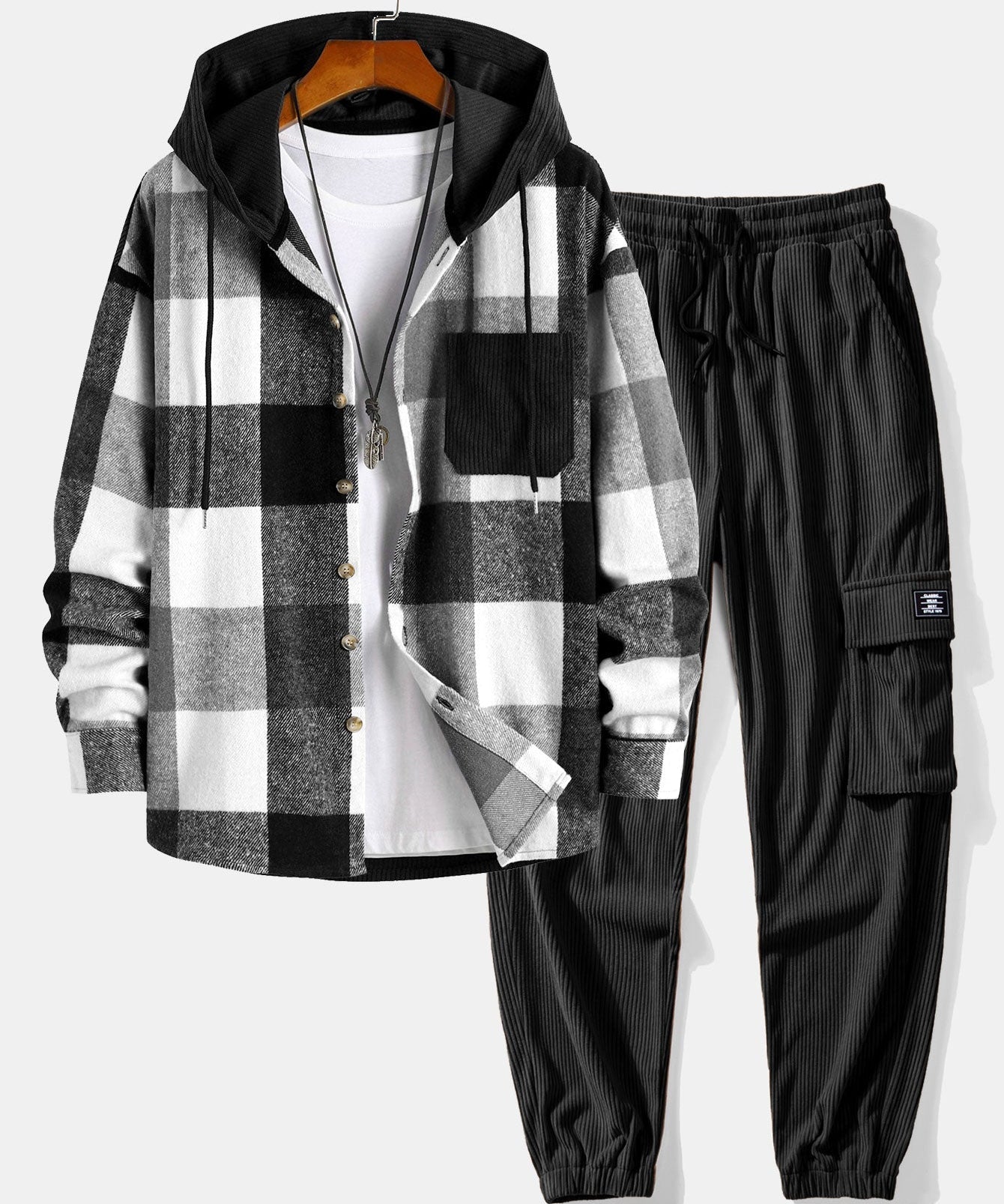Relax Fit Flannel Plaid Corduroy Patchwork Hooded Shirt & Corduroy Cargo Jogger Pants
