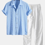 Geometric Jacquard Textured Cuban Shirt & Straight Leg Linen Pants