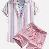 Colorful Striped Print Button Up Shirt & Swim Shorts