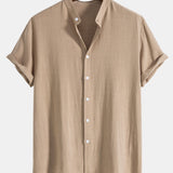Linen And Rayon Blend Stand Collar Shirt & Linen Cotton Blend Drawstring Shorts