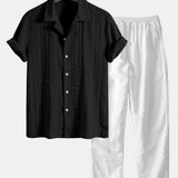 Geometric Jacquard Textured Cuban Shirt & Straight Leg Linen Pants