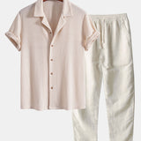 Short Sleeve Knitted Waffle Cuban Shirt & Straight Leg Linen Pants