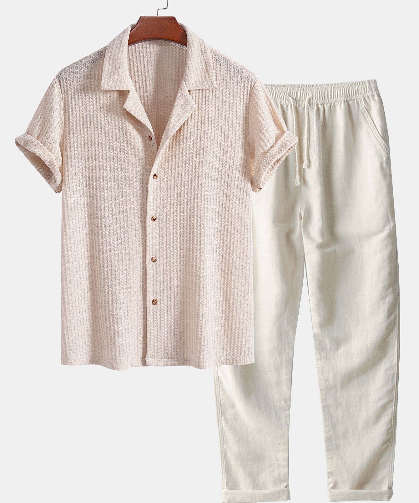 Short Sleeve Knitted Waffle Cuban Shirt & Straight Leg Linen Pants
