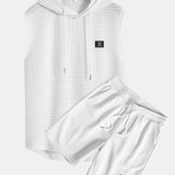 Sleeveless Waffle Hooded Vest & Waffle Drawstring Shorts